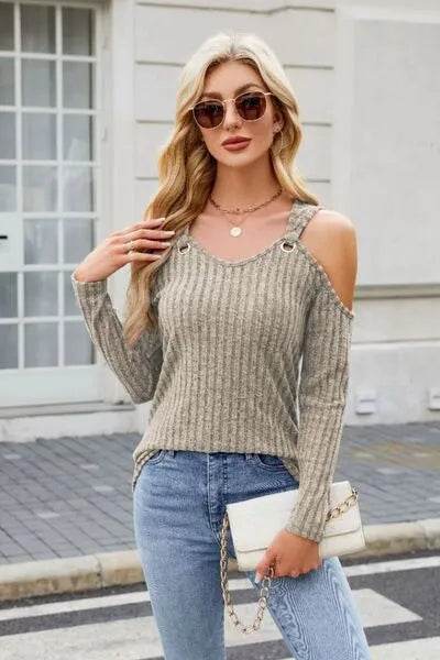 Ribbed Cold Shoulder Long Sleeve Top - Bona Fide Fashion