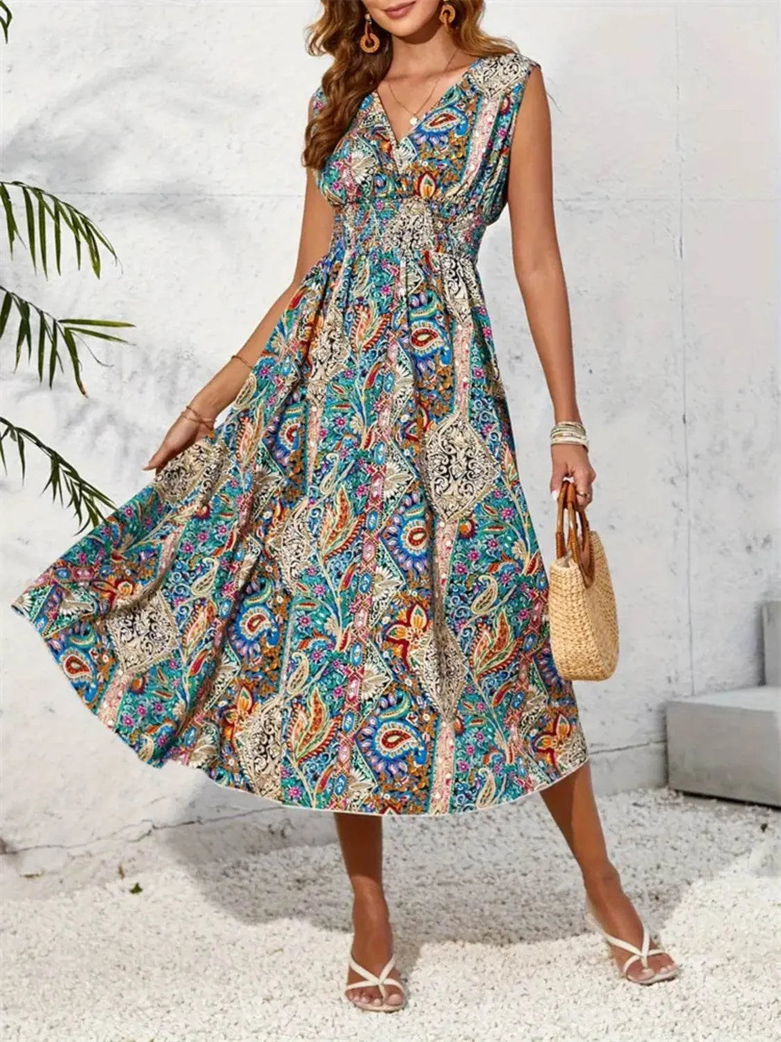 Smocked Printed Surplice Sleeveless Midi Dress - Bona Fide Fashion