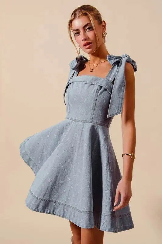 SO ME A Line Fit and Flare Diamond Bow Ribbon Denim Dres - Bona Fide Fashion