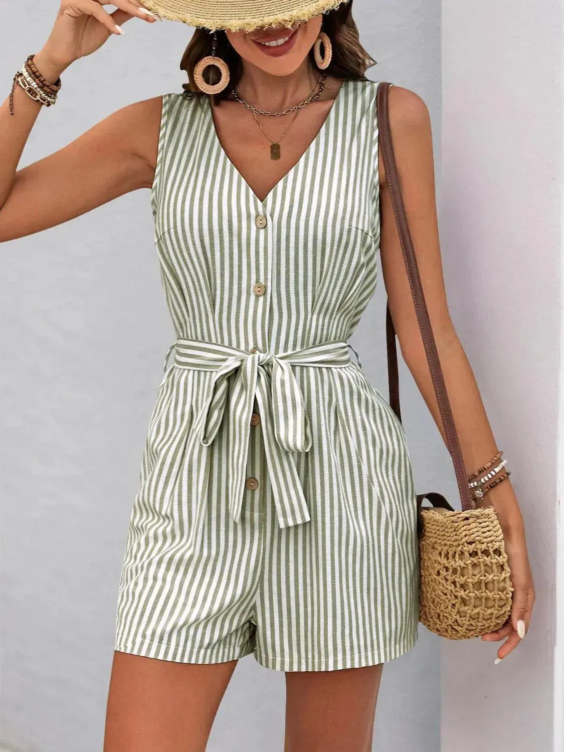 Perfee Striped V-Neck Tie Waist Romper – Cute & Casual One-Piece Outfit for Women - Bona Fide Fashion
