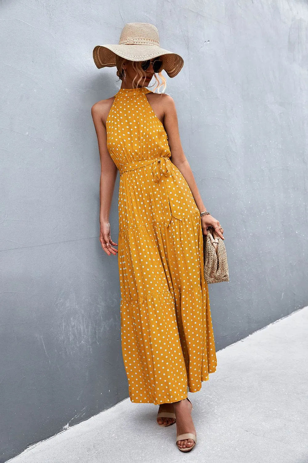 Printed Sleeveless Tie Waist Maxi Dress - Bona Fide Fashion