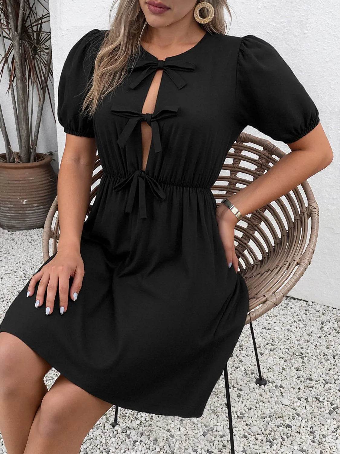 Tie Front Puff Sleeve Mini Dress - Bona Fide Fashion