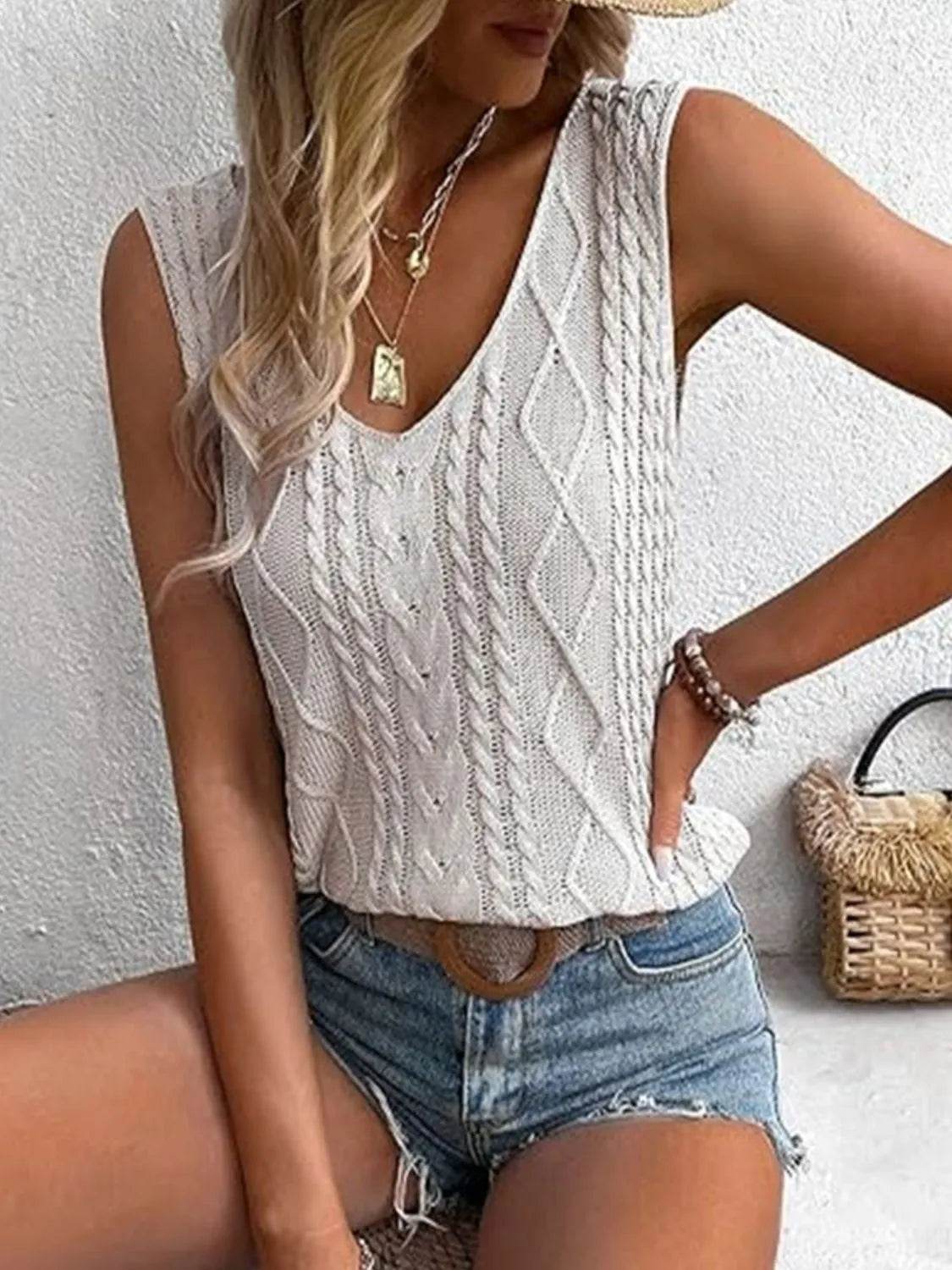 Cable-Knit V-Neck Sweater Vest - Bona Fide Fashion
