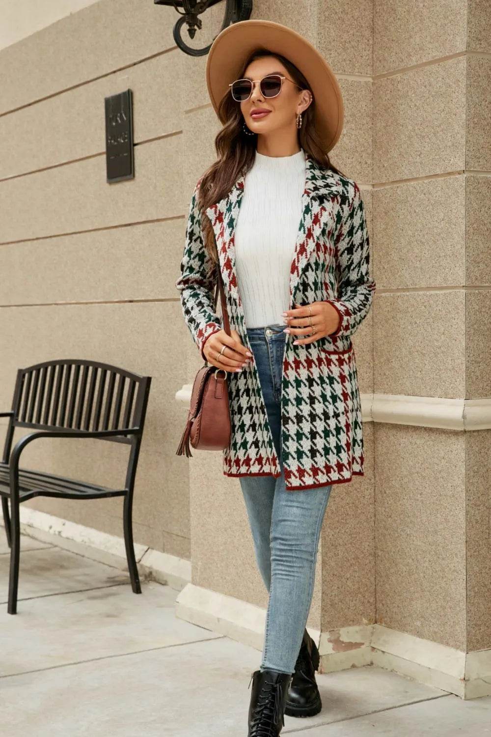 Printed Open Front Lapel Collar Cardigan with Pockets - Bona Fide Fashion