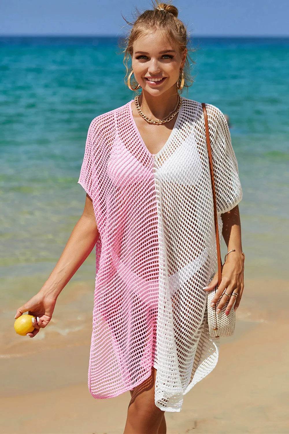 Angel Wings Openwork Contrast Slit Knit Cover Up - Bona Fide Fashion