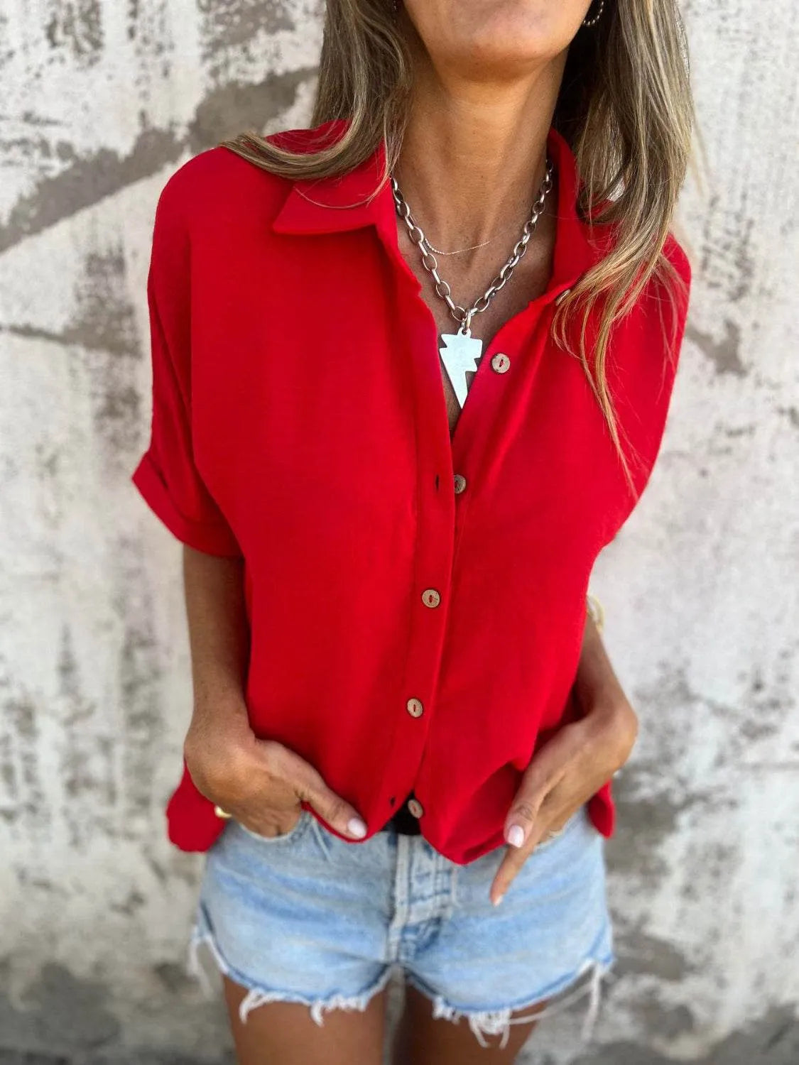 Full Size Collared Neck Half Sleeve Shirt Plus Size - Bona Fide Fashion