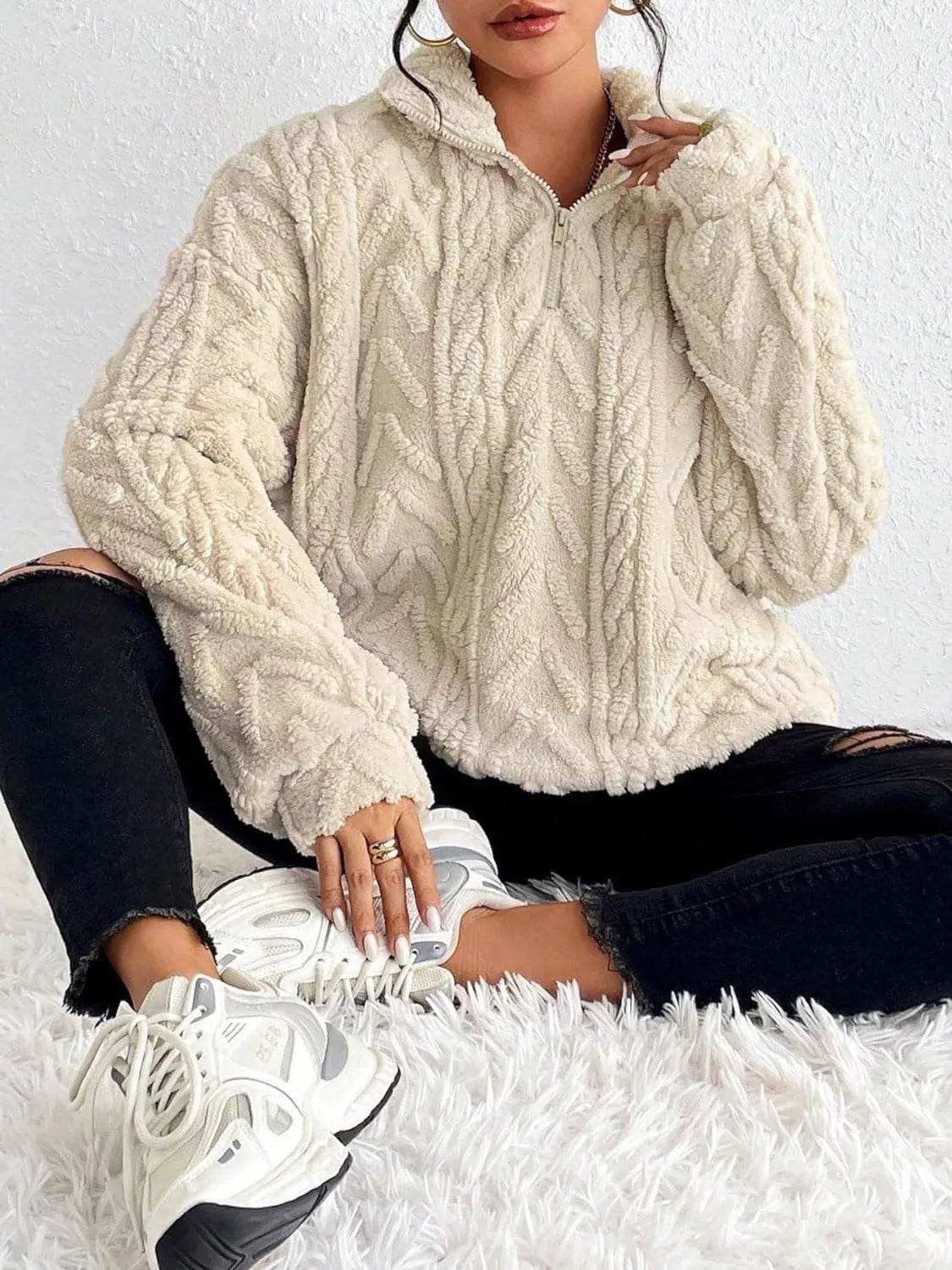 Fuzzy Quarter Zip Long Sleeve Sweatshirt - Bona Fide Fashion