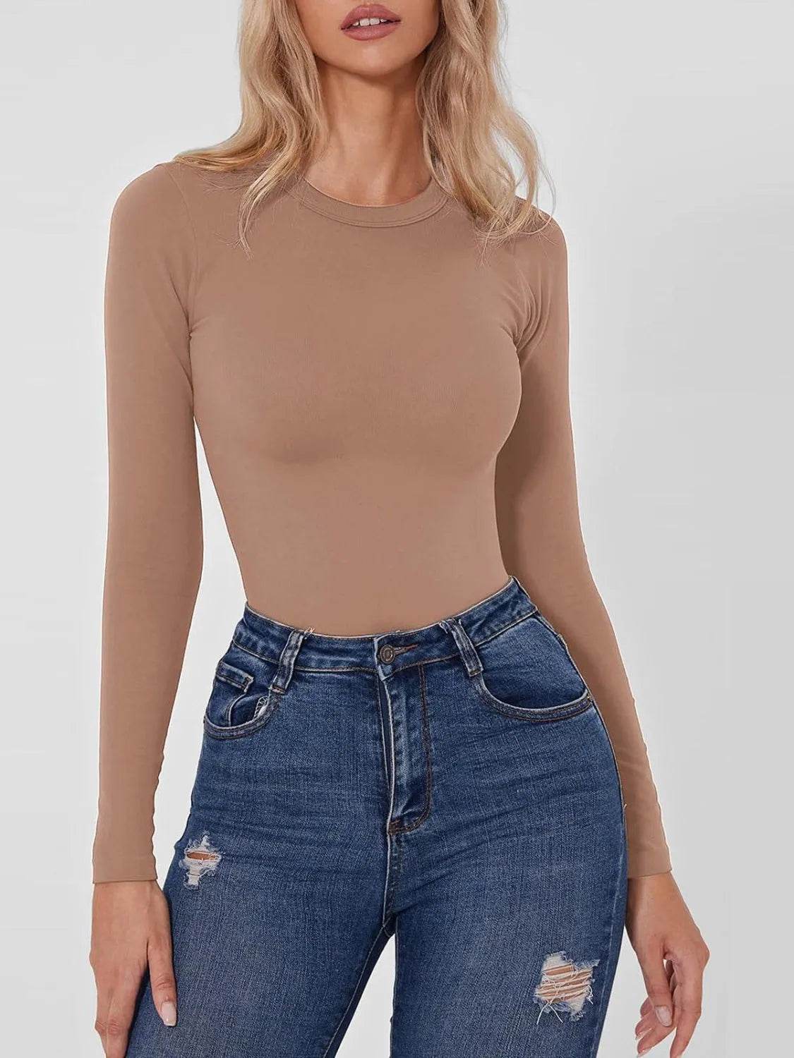 Round Neck Long Sleeve Bodysuit - Bona Fide Fashion