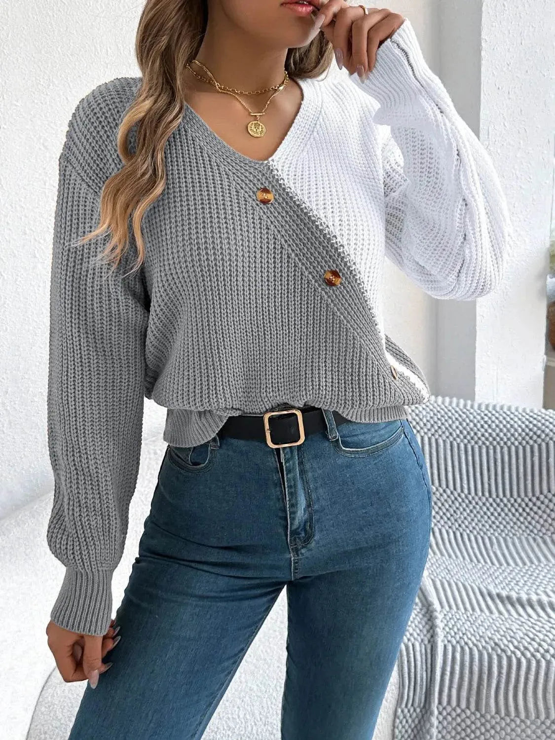 Two-Tone V-Neck Long Sleeve Sweater - Bona Fide Fashion