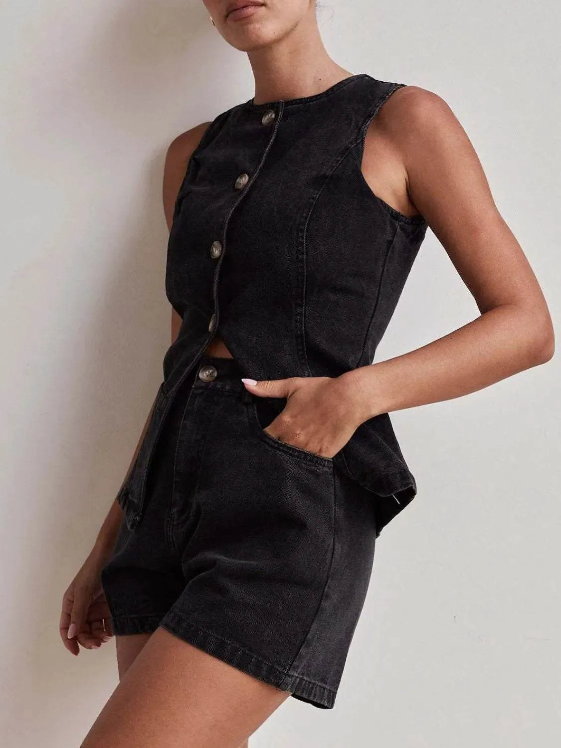 Button Down Vest and Shorts Denim Set - Bona Fide Fashion