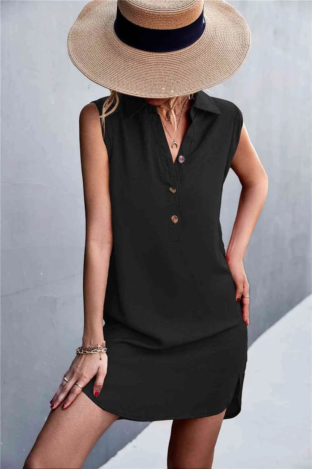 Buttoned Johnny Collar Sleeveless Dress - Bona Fide Fashion