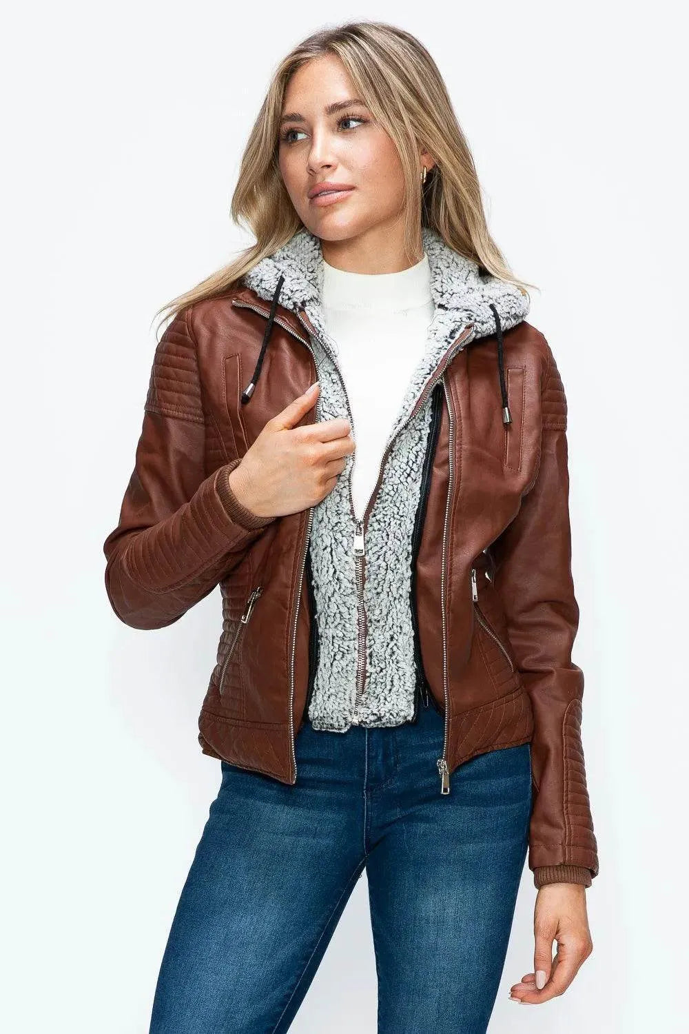 YMI Faux Layered Double-Zipper Jacket with Fuzzy Hood - Bona Fide Fashion