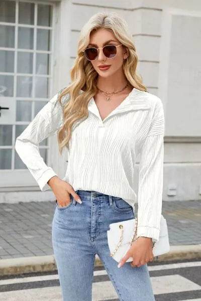 Texture Collared Neck Long Sleeve Blouse - Bona Fide Fashion