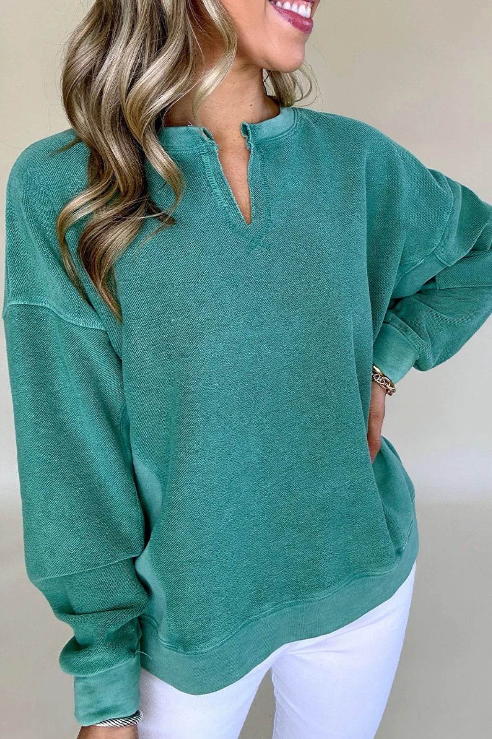 Notched Drop Shoulder Long Sleeve Sweatshirt - Bona Fide Fashion