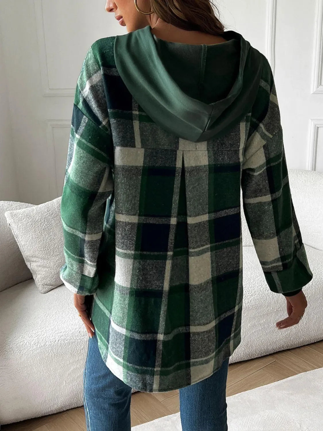 Devine Drawstring Plaid Long Sleeve Hoodie