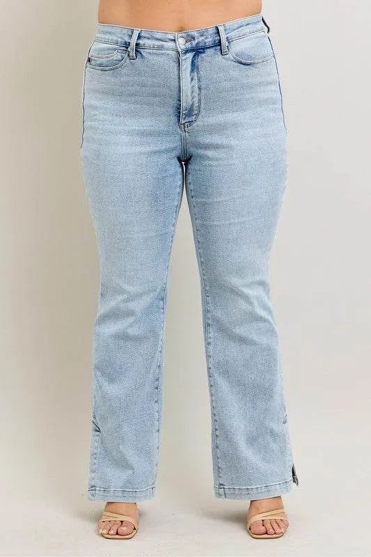 Judy Blue Full Size Tummy Control Vintage Wash Side Slit Slim Boot Jeans Plus Size - Bona Fide Fashion