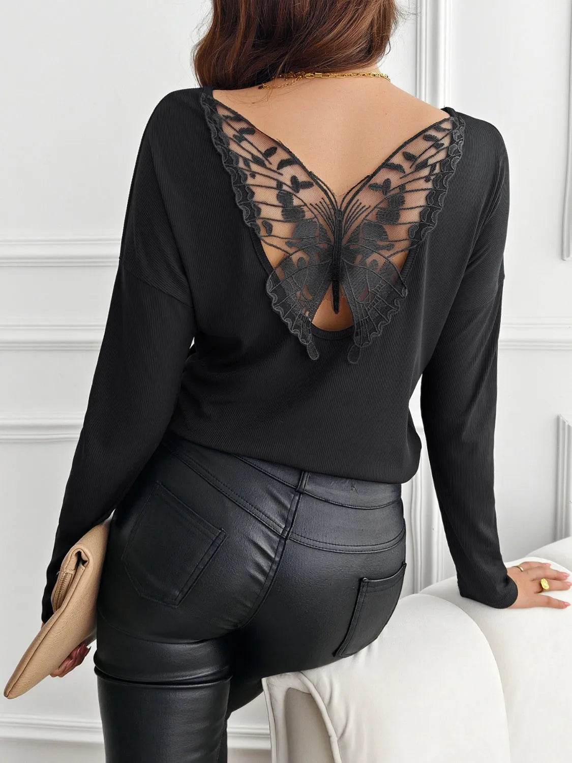 Lace Detail Butterfly Back Round Neck Long Sleeve T-Shirt - Bona Fide Fashion