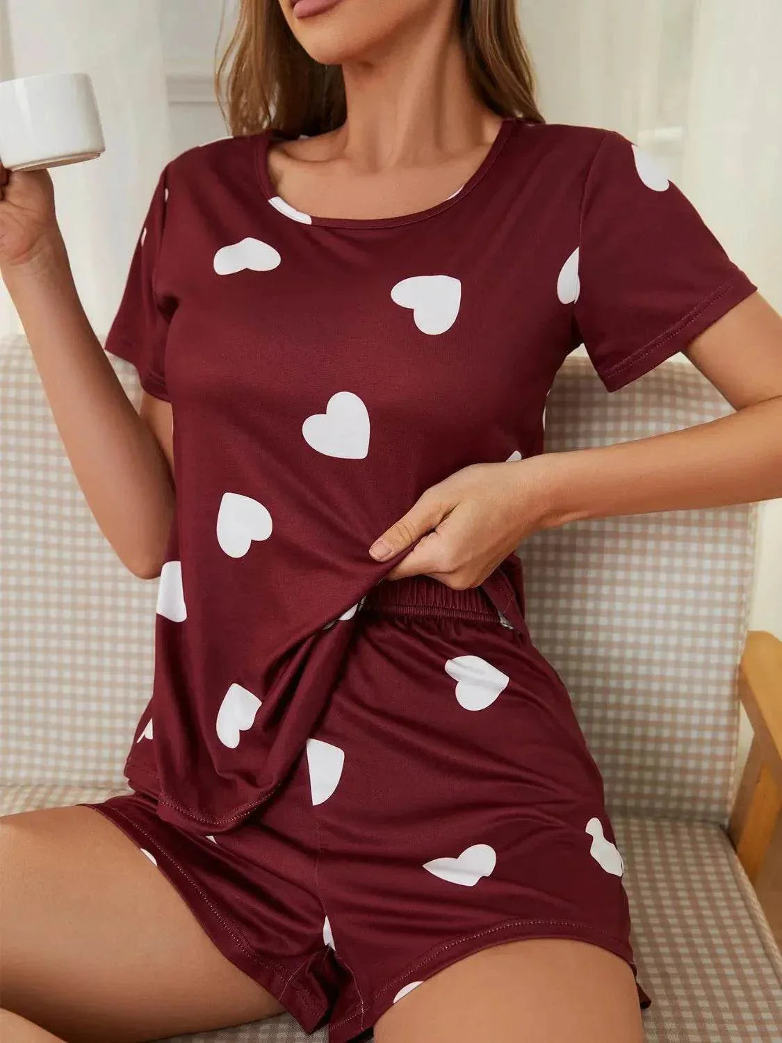 Heart Round Neck and Shorts Lounge Set - Bona Fide Fashion