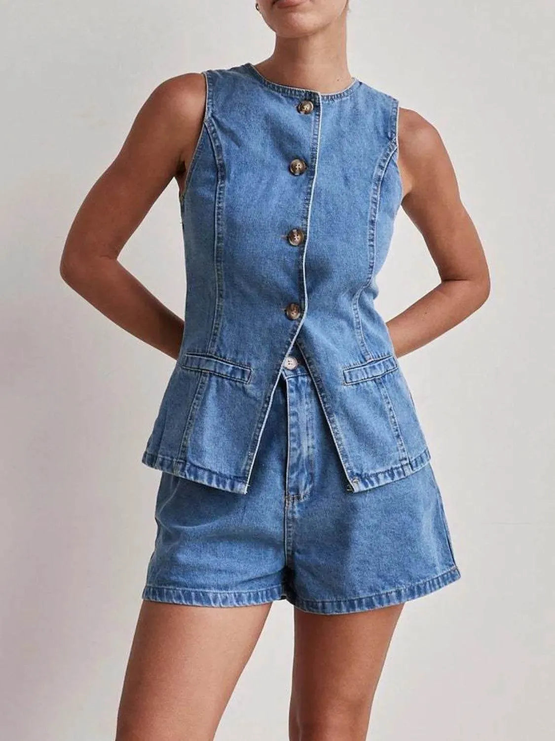 Button Down Vest and Shorts Denim Set - Bona Fide Fashion