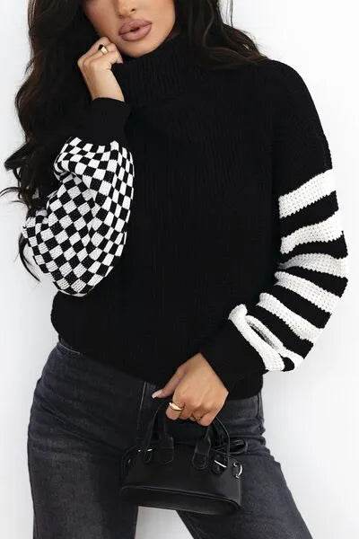 Striped & Checkered Turtleneck Dropped Shoulder Sweater - Bona Fide Fashion