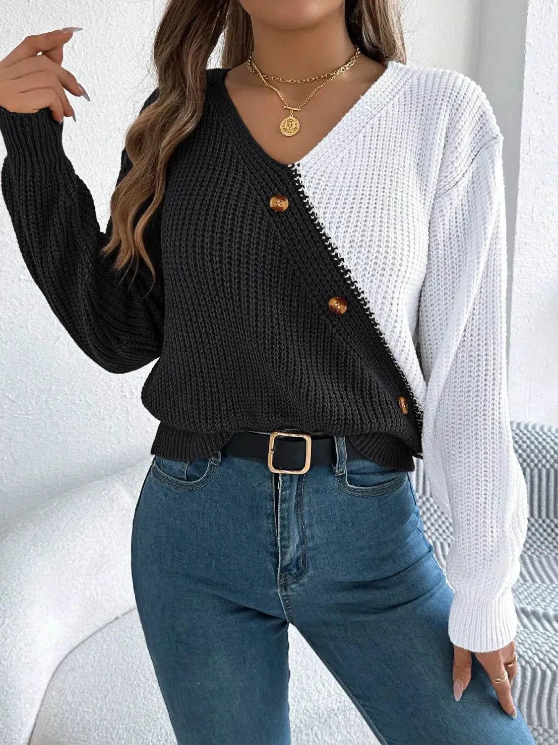 Two-Tone V-Neck Long Sleeve Sweater - Bona Fide Fashion