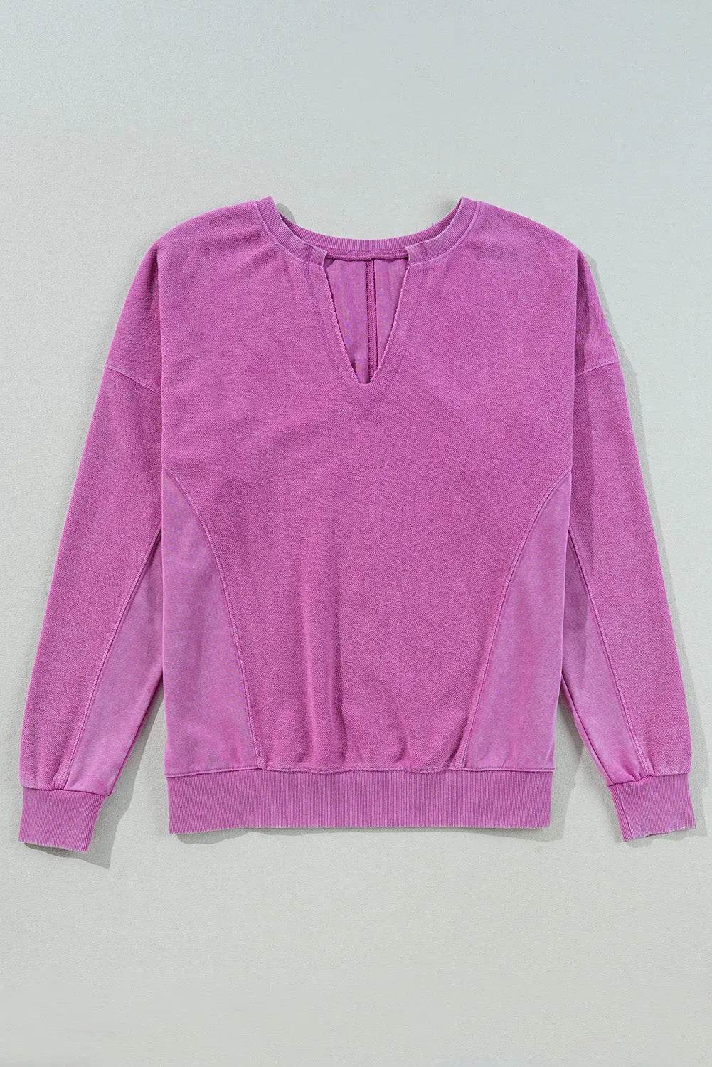 Notched Drop Shoulder Long Sleeve Sweatshirt - Bona Fide Fashion