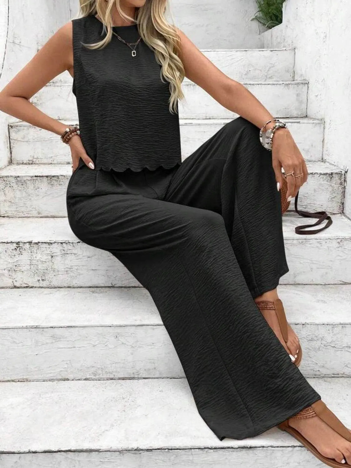 Tie Back Round Neck Top and Pants Set - Bona Fide Fashion
