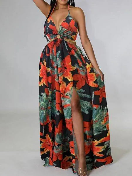 Women's Floral Print Chain Decor Split Thigh Tie Back Cami Dress, Halter Backless Maxi Dress, Beach Vacation Dress H6VE68KF2K - Bona Fide Fashion