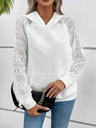 Lace Openwork Kangaroo Pocket Hoodie - Bona Fide Fashion