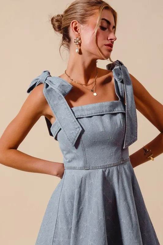 SO ME A Line Fit and Flare Diamond Bow Ribbon Denim Dres - Bona Fide Fashion