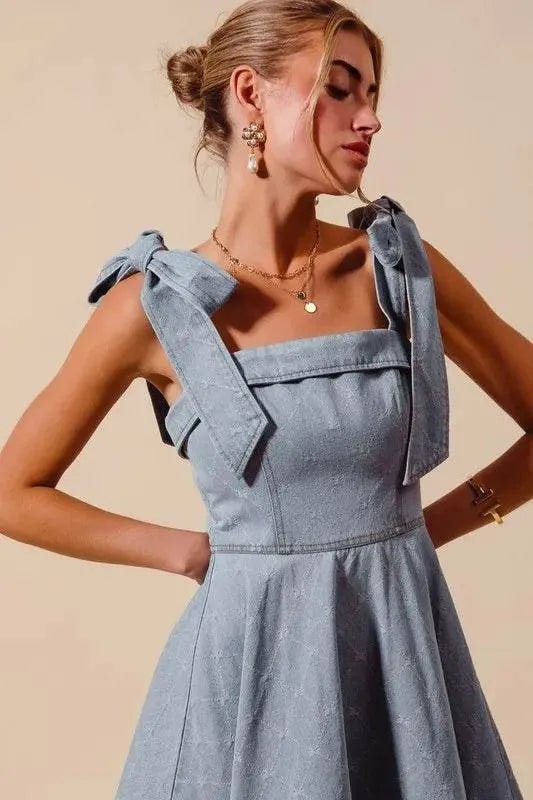 SO ME A Line Fit and Flare Diamond Bow Ribbon Denim Dres - Bona Fide Fashion