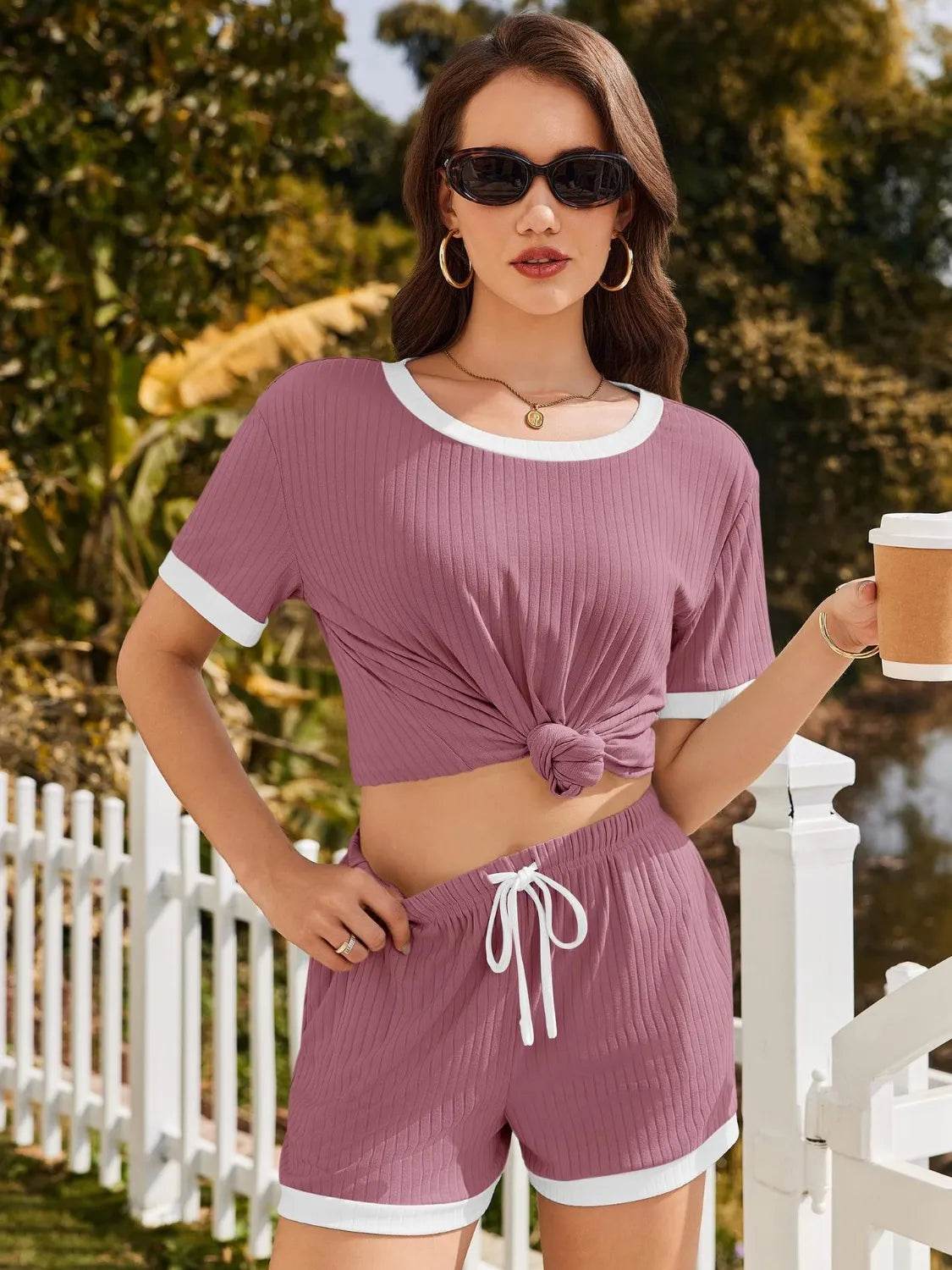 Ribbed Short Sleeve Top and Shorts Set - Bona Fide Fashion
