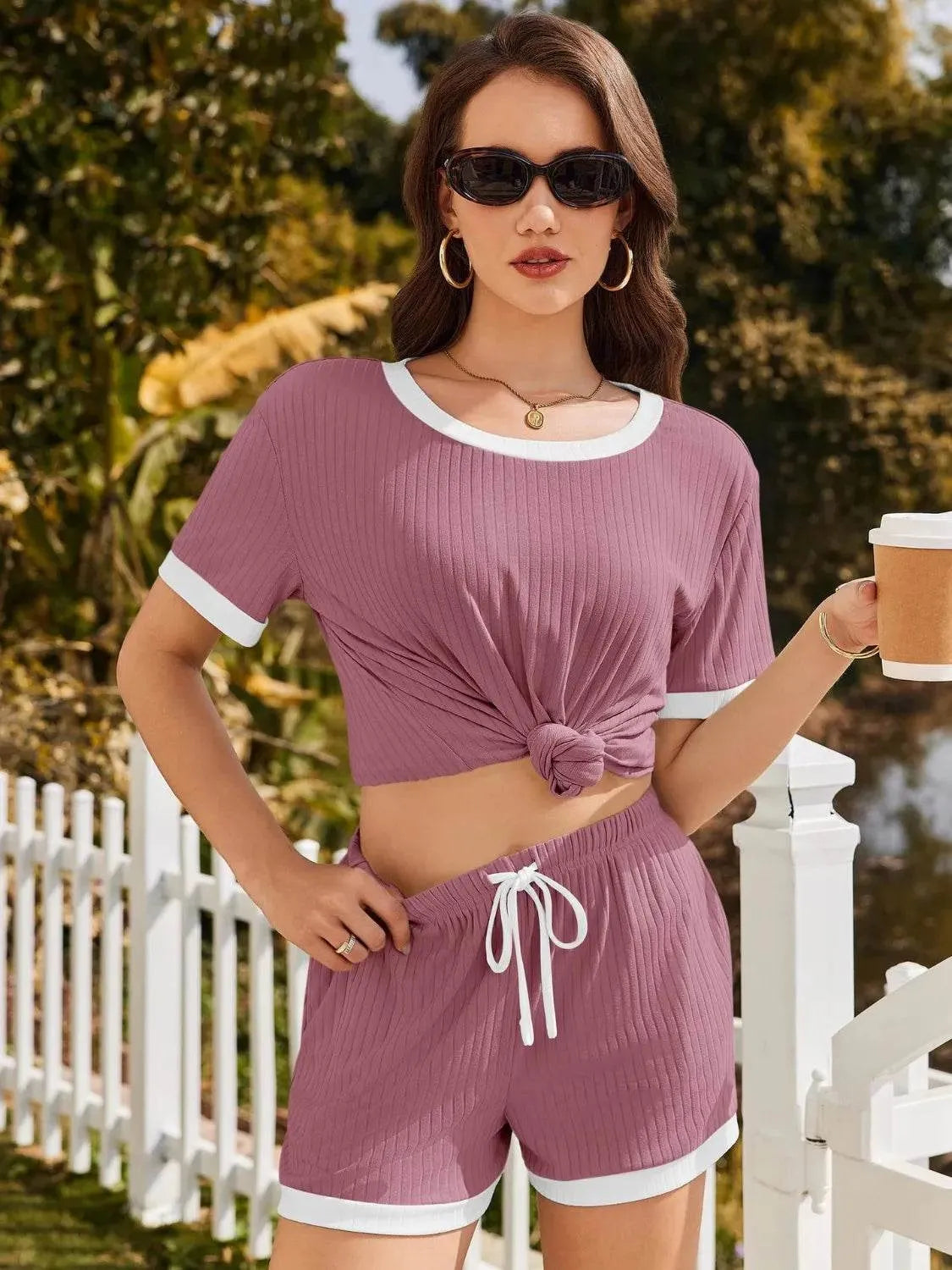 Ribbed Short Sleeve Top and Shorts Set - Bona Fide Fashion