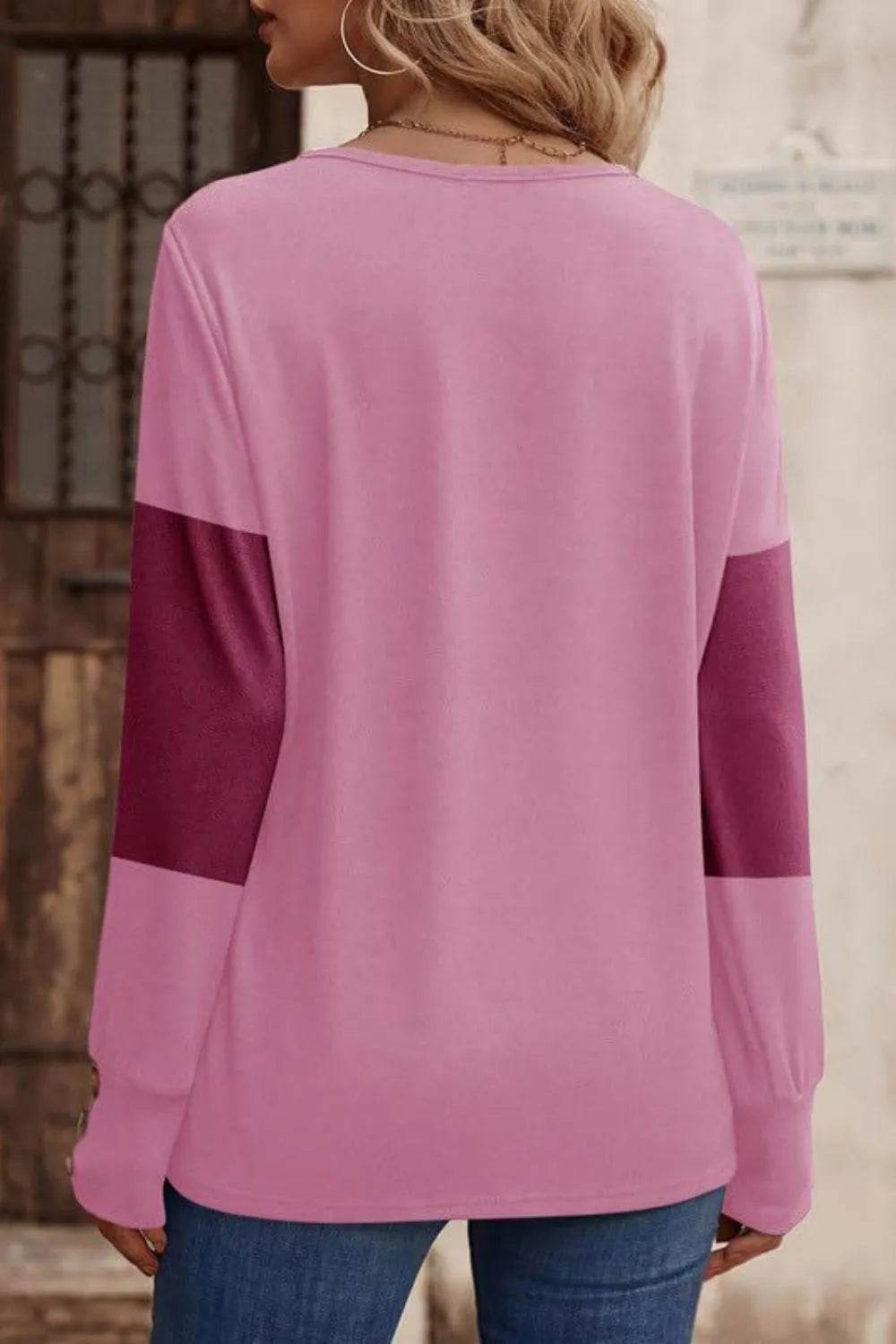 Decorative Button Contrast V-Neck Long Sleeve T-Shirt - Bona Fide Fashion