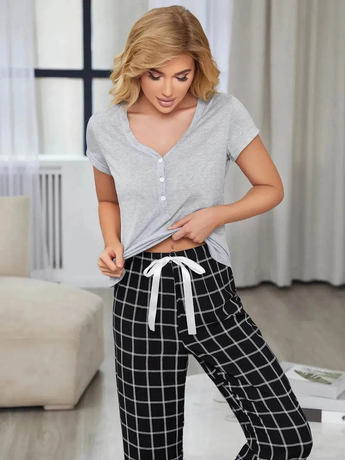V-Neck Short Sleeve and Pants Lounge Set - Bona Fide Fashion