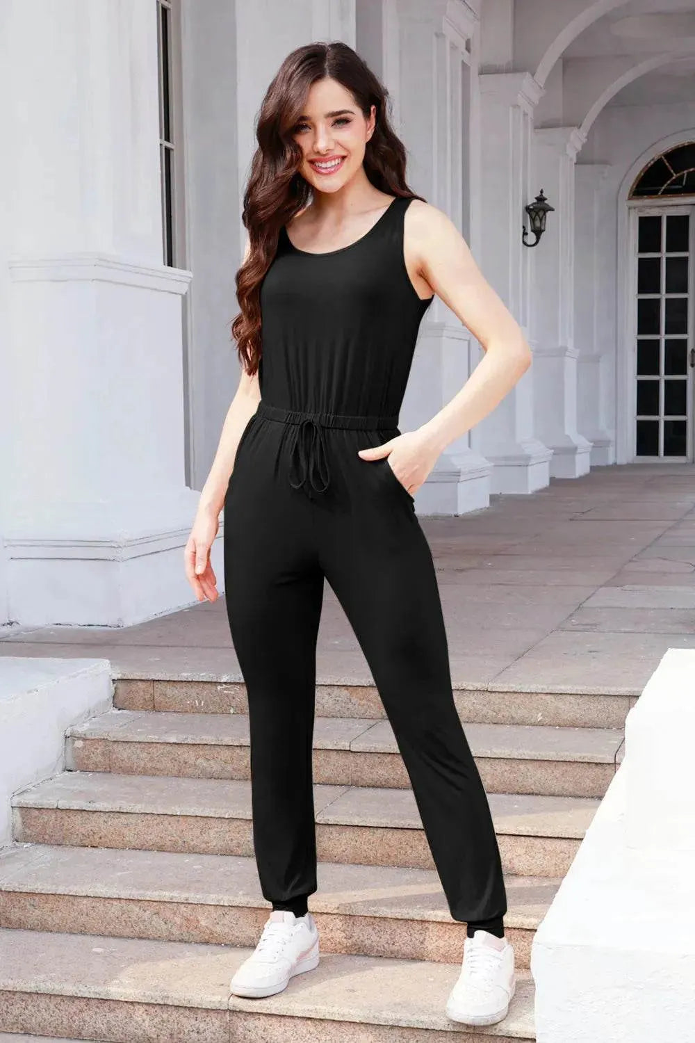 Drawstring Round Neck Sleeveless Jumpsuit - Bona Fide Fashion
