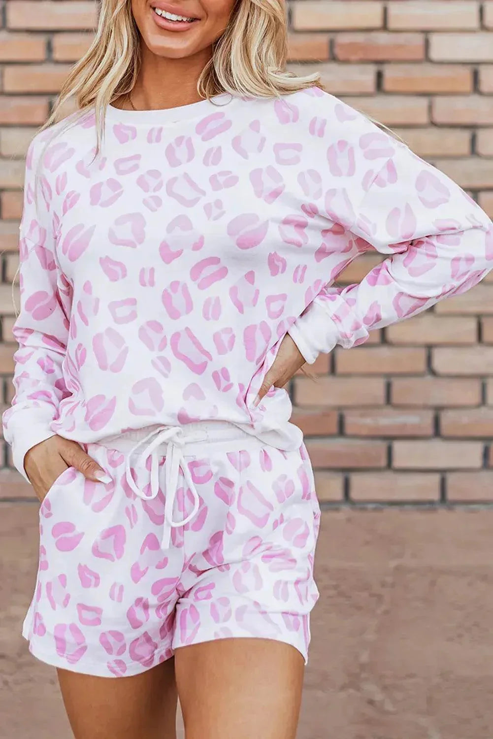 Leopard Long Sleeve and Drawstring Shorts Lounge Set - Bona Fide Fashion