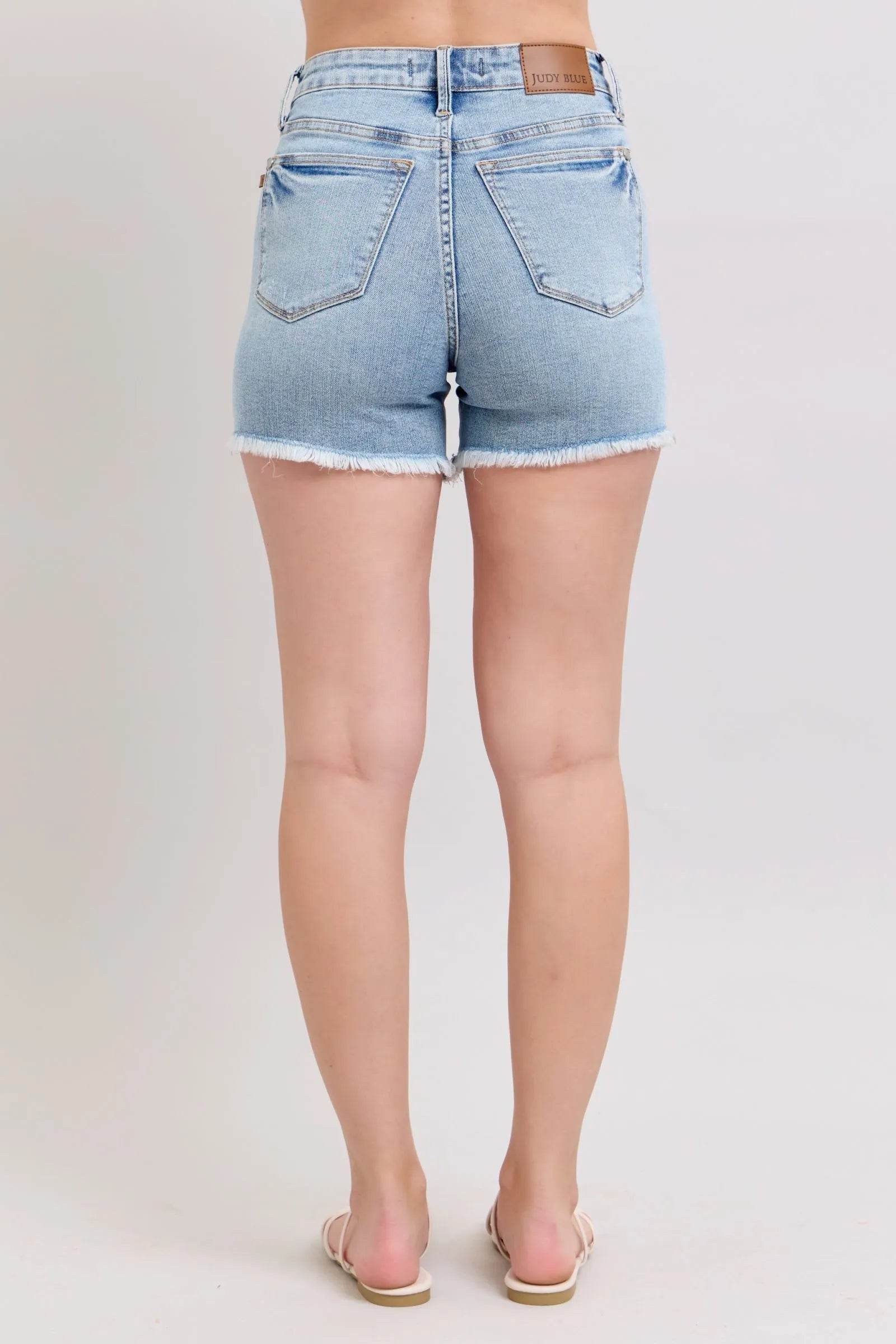 Judy Blue Full Size Tummy Control Raw Hem Denim Shorts Plus Size - Bona Fide Fashion