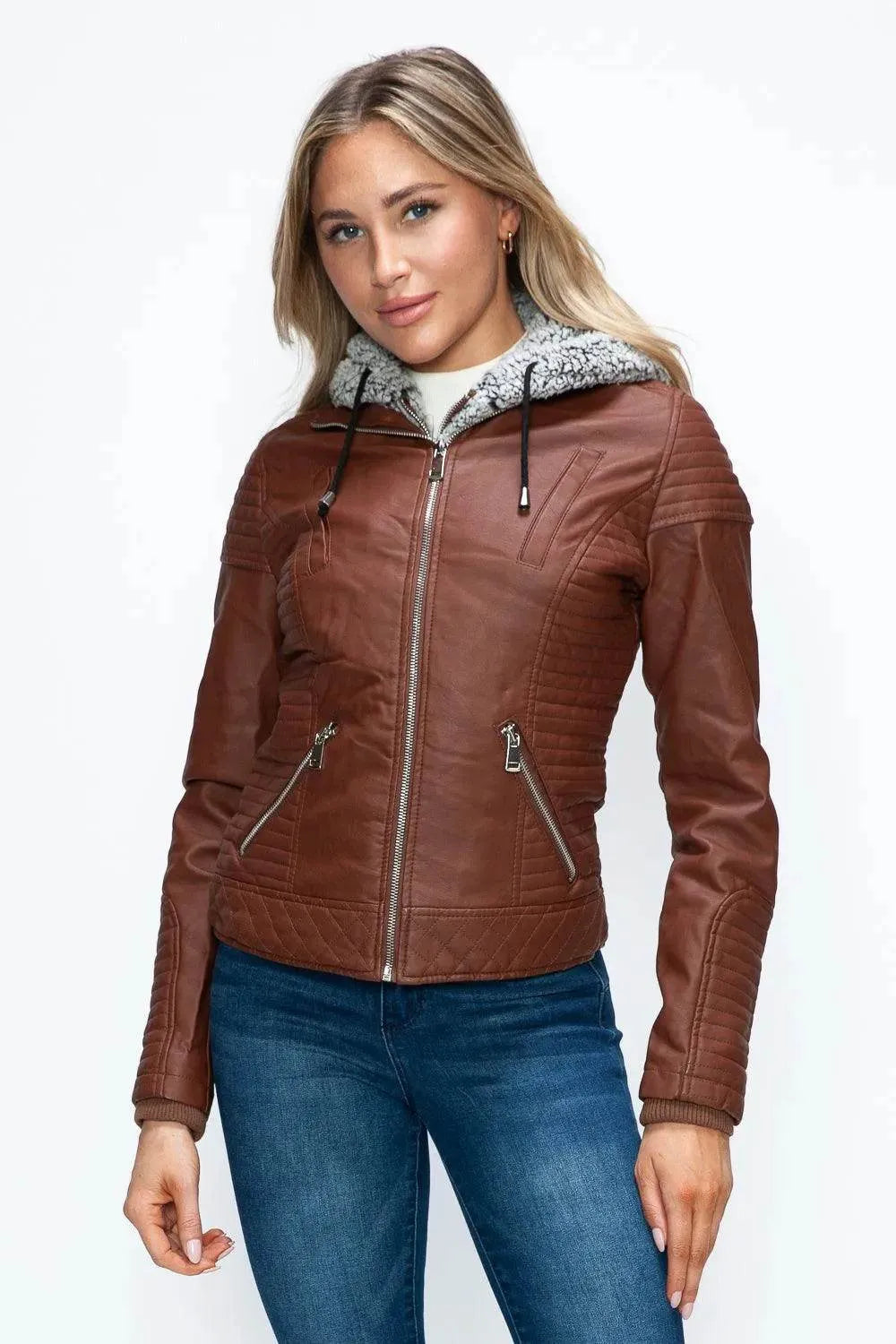 YMI Faux Layered Double-Zipper Jacket with Fuzzy Hood - Bona Fide Fashion