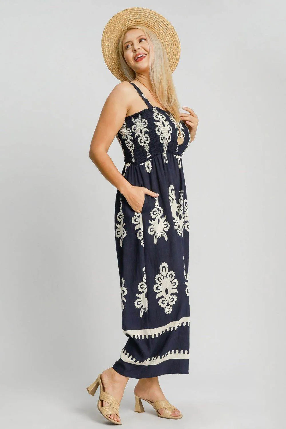 Umgee Full Size Smocked Printed Wide Leg Jumpsuit Plus Size - Bona Fide Fashion