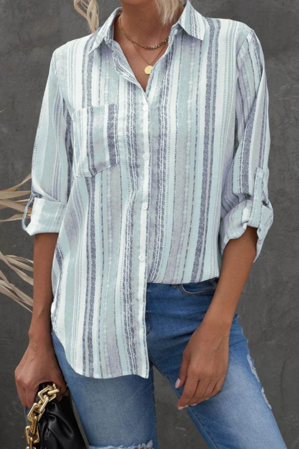 Striped Collared Neck Long Sleeve Shirt - Bona Fide Fashion