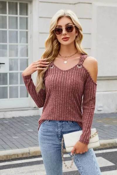 Ribbed Cold Shoulder Long Sleeve Top - Bona Fide Fashion