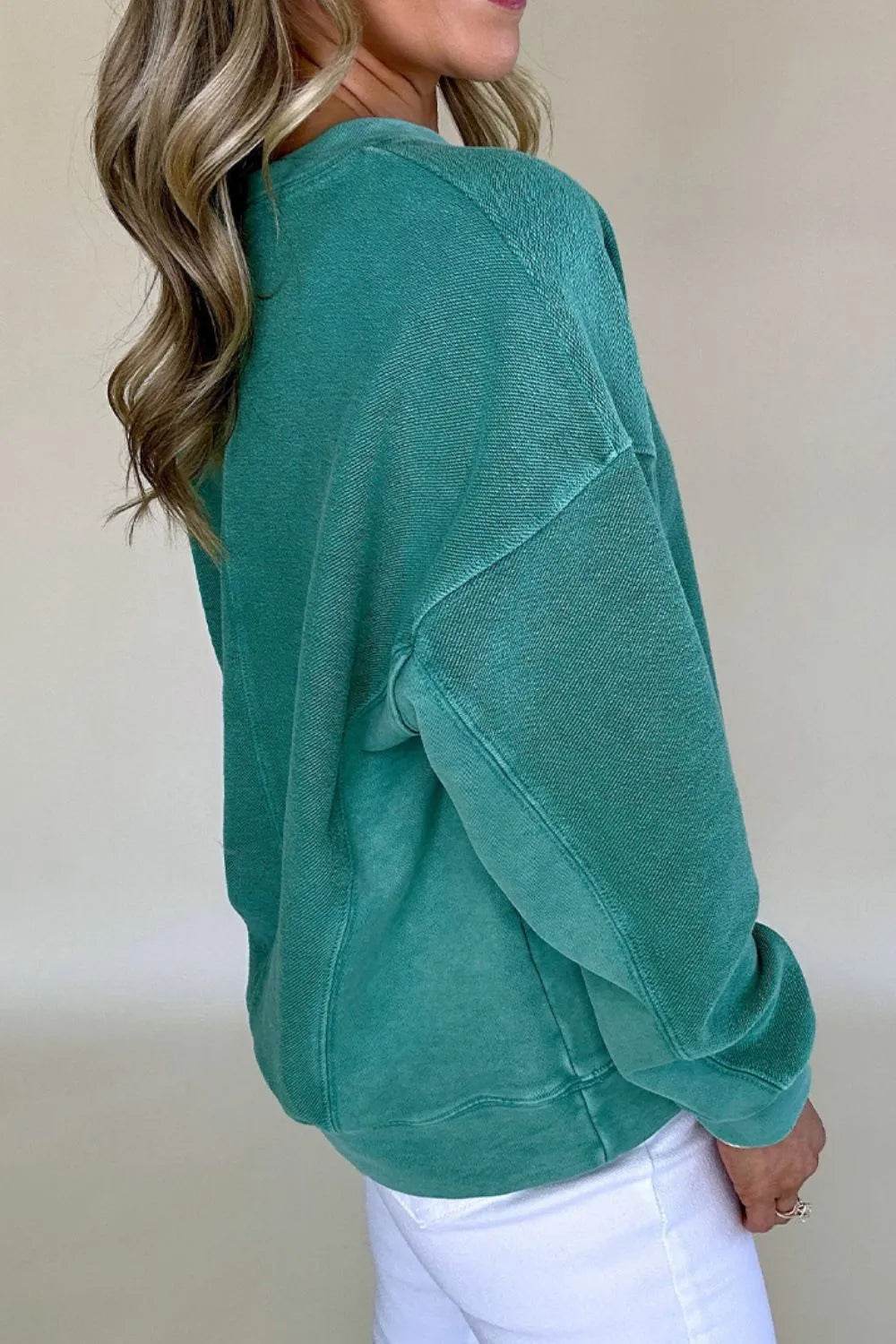 Notched Drop Shoulder Long Sleeve Sweatshirt - Bona Fide Fashion
