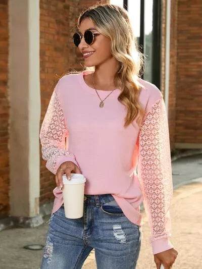 Full Size Round Neck Lace Long Sleeve T-Shirt Plus Size - Bona Fide Fashion