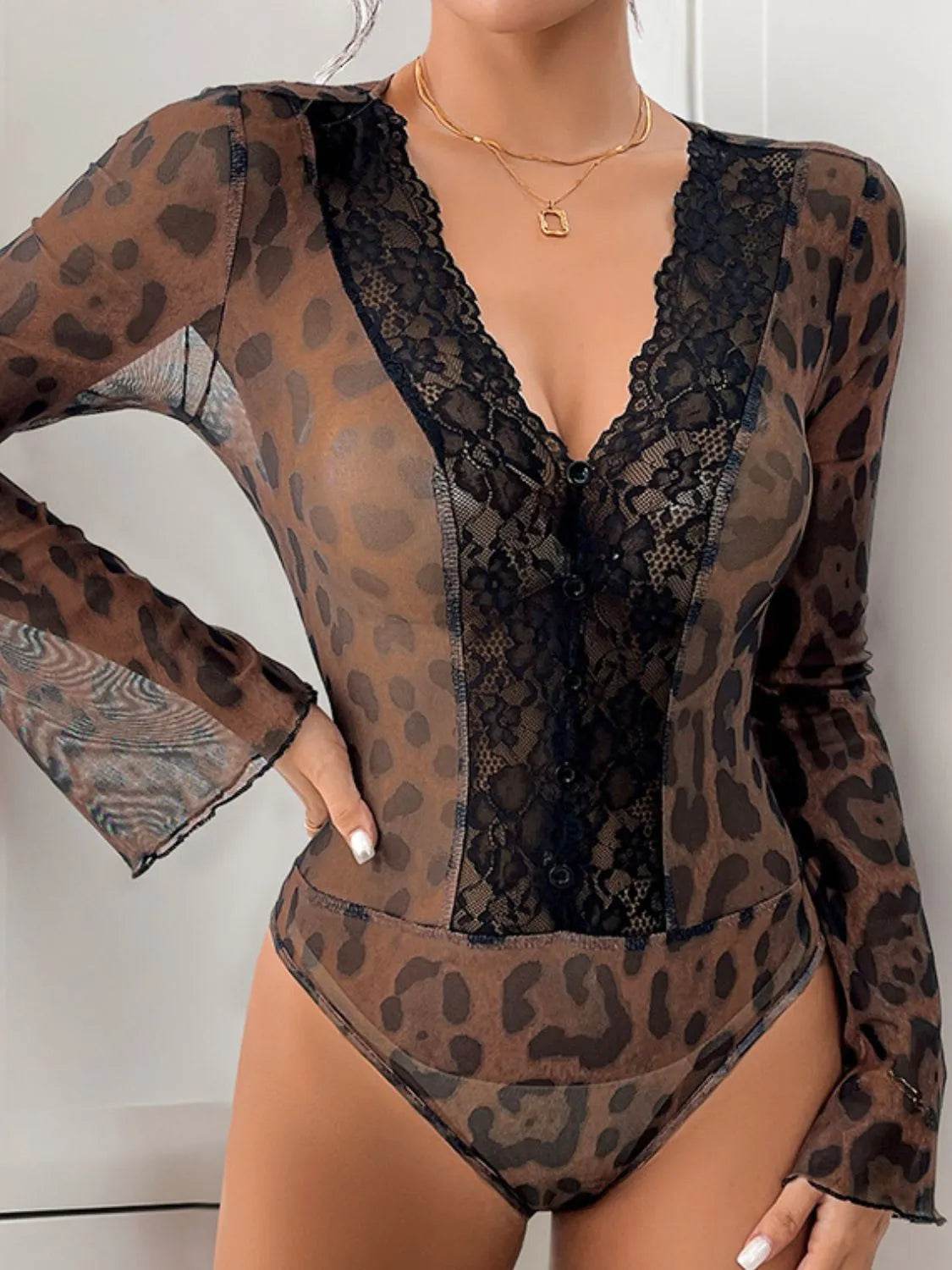 Perfee Leopard V-Neck Lace Bodysuit - Bona Fide Fashion