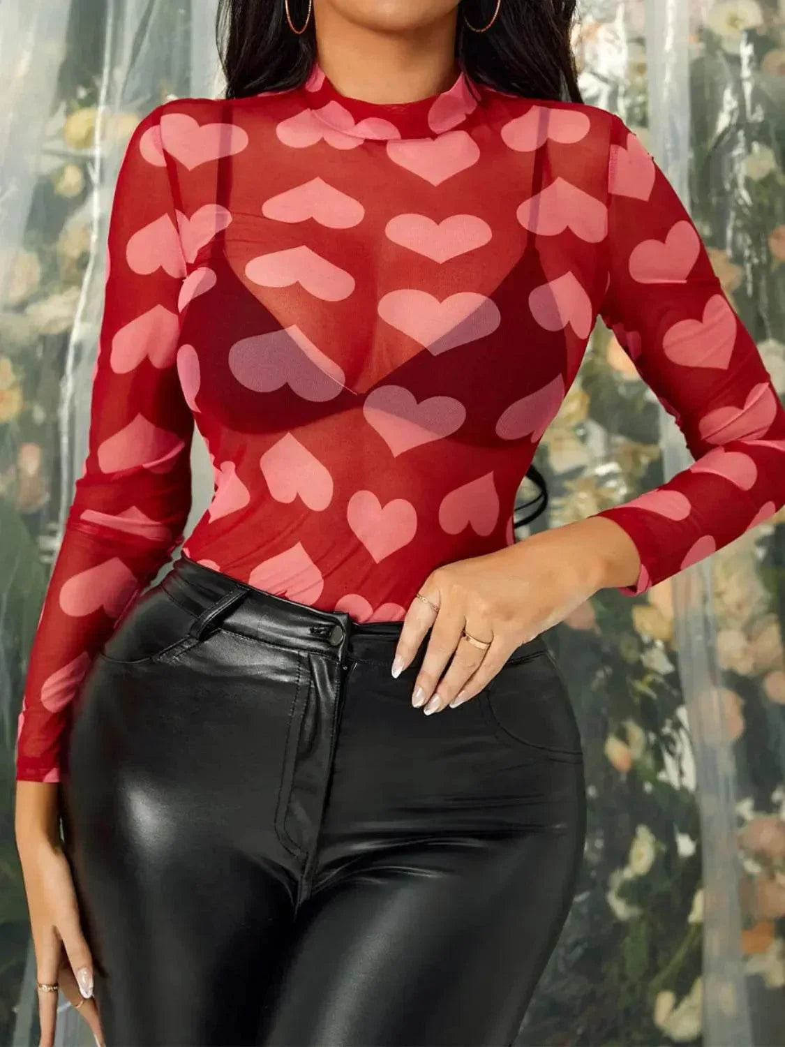 Heart Mock Neck Long Sleeve Sheer Top - Bona Fide Fashion