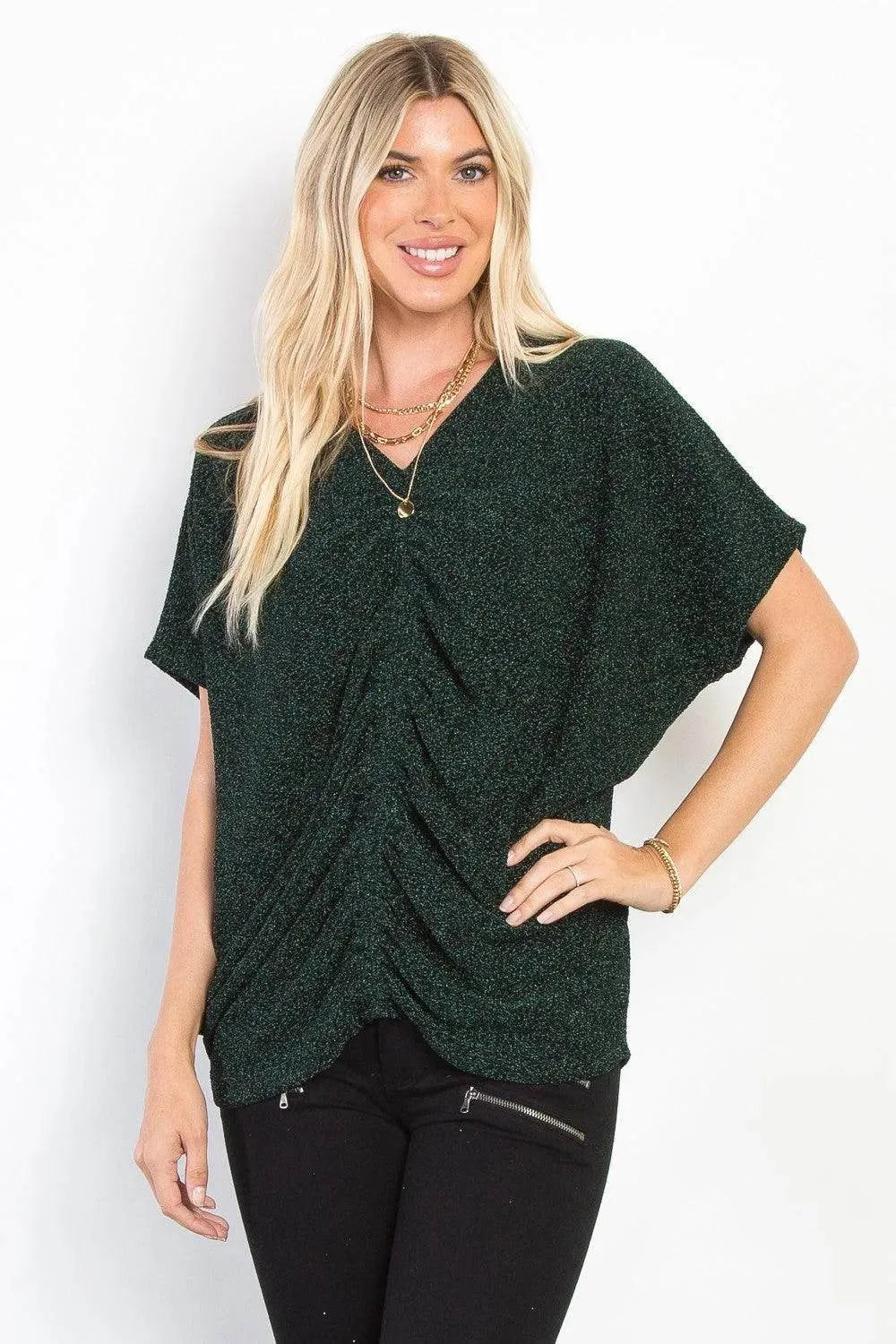Be Stage Lurex Cinched Knit Top – Full Size Sparkly Long Sleeve Stretch Shirt - Bona Fide Fashion