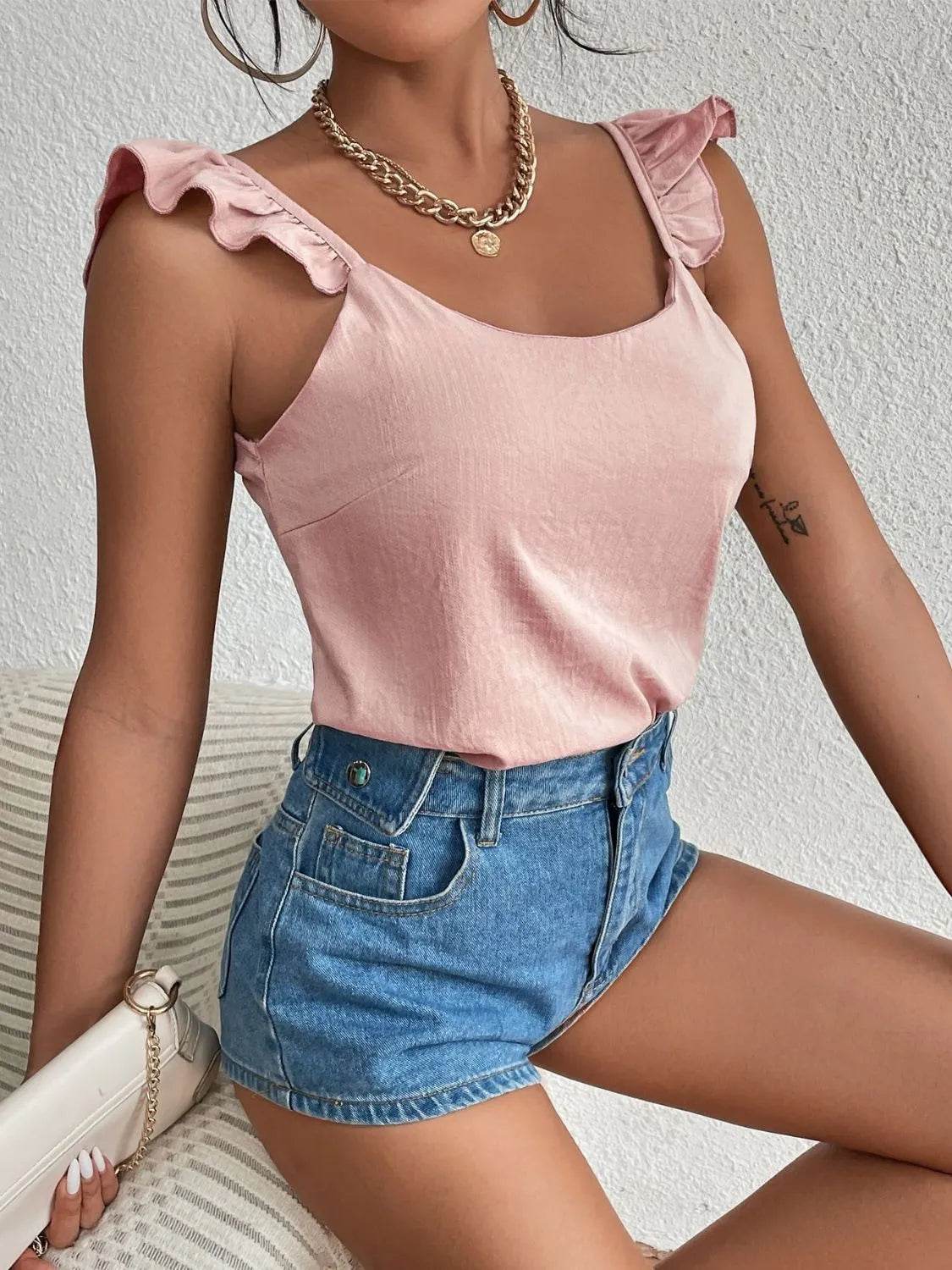 Backless Ruffled Scoop Neck Tank - Bona Fide Fashion
