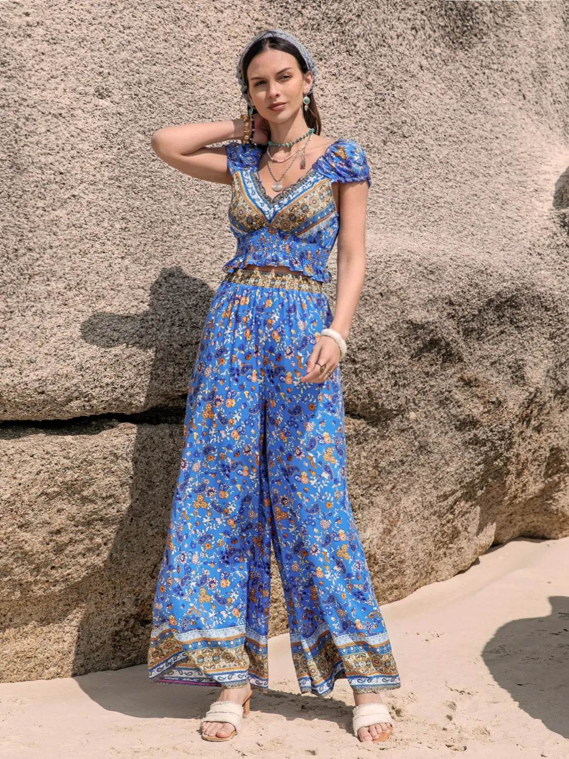 Printed V-Neck Top and Pants Set - Bona Fide Fashion