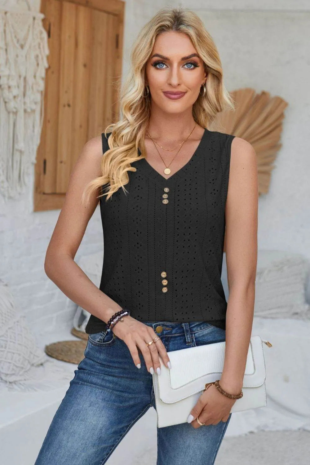 Eyelet Decorative Button V-Neck Tank - Bona Fide Fashion
